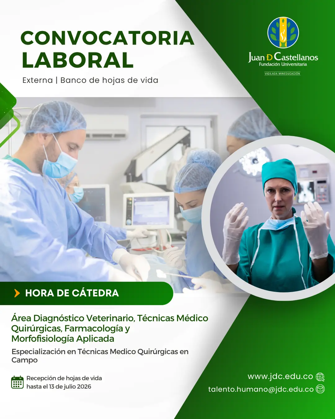 Docente área Diagnóstico Veterinario, Técnicas Médico Quirúrgicas, Farmacología y Morfofisiología Aplicada (Hora de cátedra) – Especialización en Técnicas Medico Quirúrgicas en Campo (Convocatoria externa - banco de hojas de vida)